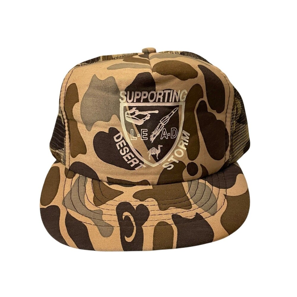 Vintage 80s 90s Protecting Desert Storm Camo Trucker Snapback Hat Cap USA